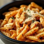 One-pot chicken parmesan pasta with melted mozzarella and parmesan, served with fresh basil and a side salad.