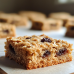 Oatmeal raisin cookie bars on a plate, showing a chewy texture with oats and raisins, perfect for a healthy snack.