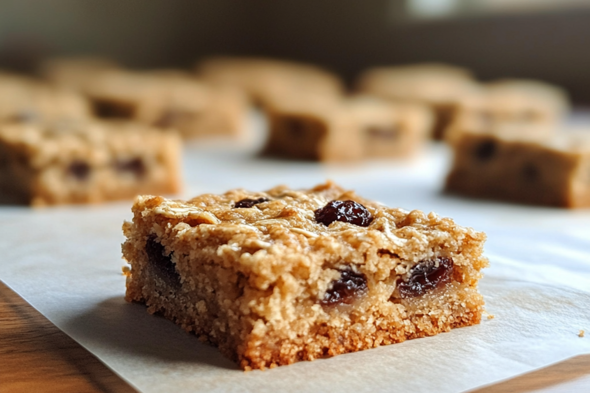 Oatmeal raisin cookie bars on a plate, showing a chewy texture with oats and raisins, perfect for a healthy snack.