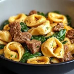 "A plate of Garlic Butter Beef and Spinach Tortellini topped with Parmesan cheese and fresh basil, served on a rustic wooden table."