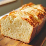 Freshly baked lemon cream cheese bread with a golden crust and creamy swirls, sliced on a wooden board.