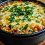 Cheesy Enchilada Chili topped with sour cream and green onions