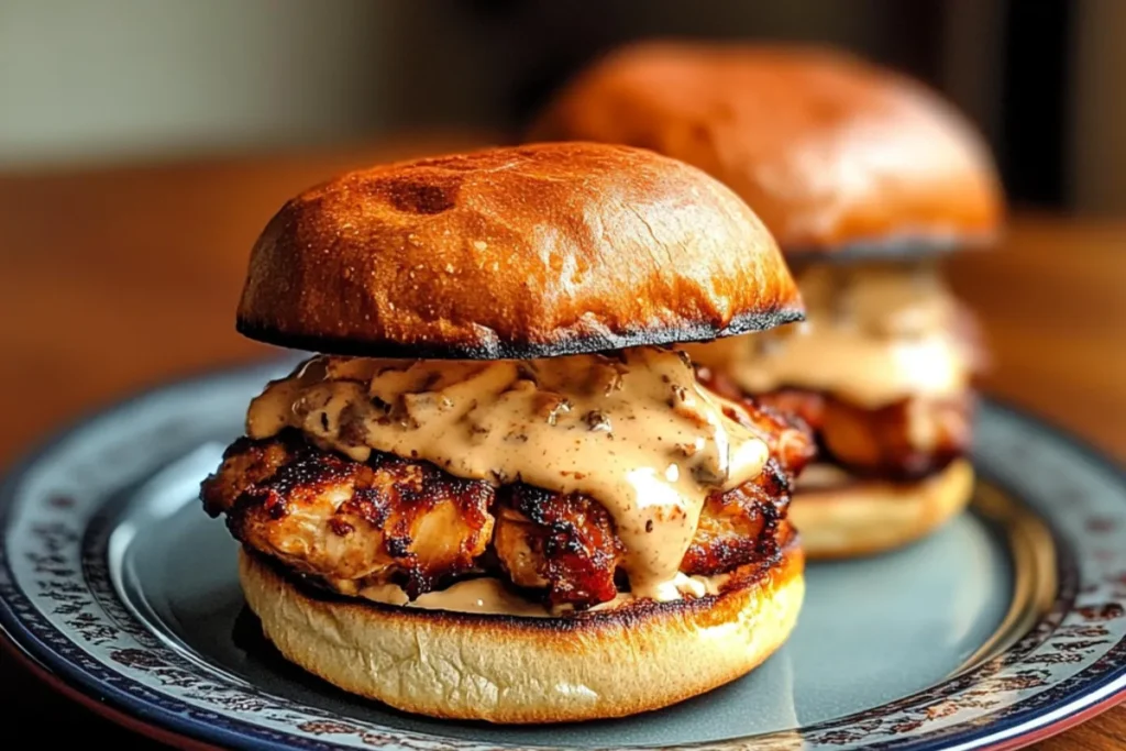 Crock Pot Ranch Chicken Sandwiches on a toasted bun, topped with creamy ranch sauce and shredded cheese. Perfect comfort food recipe.