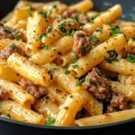One-Pot Creamy Beef and Garlic Butter Pasta with grated Parmesan cheese and fresh parsley. Perfect for a comforting dinner.