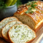 Freshly baked dill pickle bread loaf with a golden brown crust and a soft, fluffy interior. Perfect for savory snacks and sandwiches.