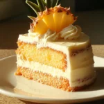 Pineapple Paradise Cake topped with pistachio frosting and crushed pineapple. A tropical dessert treat.