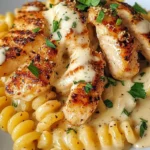 Creamy garlic butter chicken and rotini pasta coated in Parmesan sauce, garnished with fresh parsley. A delicious comfort food recipe.