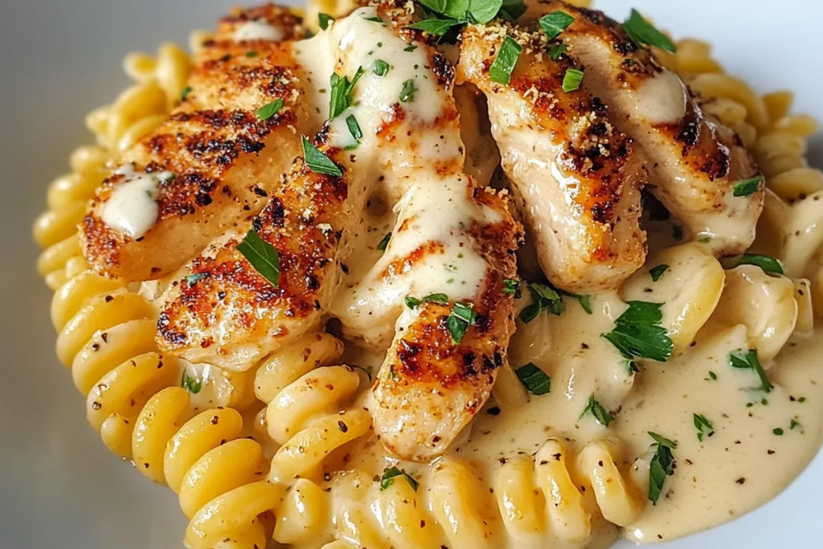 Creamy garlic butter chicken and rotini pasta coated in Parmesan sauce, garnished with fresh parsley. A delicious comfort food recipe.