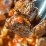 Old Fashioned Goulash in a skillet with elbow macaroni, ground beef, and tomato sauce, ready to serve.