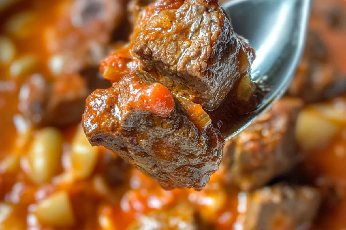Old Fashioned Goulash in a skillet with elbow macaroni, ground beef, and tomato sauce, ready to serve.