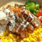 Street Corn Chicken Rice Bowl with grilled chicken, cilantro-lime rice, corn, avocado, and chili-lime crema.