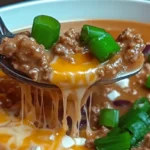 Cheesy ground beef casserole with melted cheese on top, served in a skillet with a wooden spoon.
