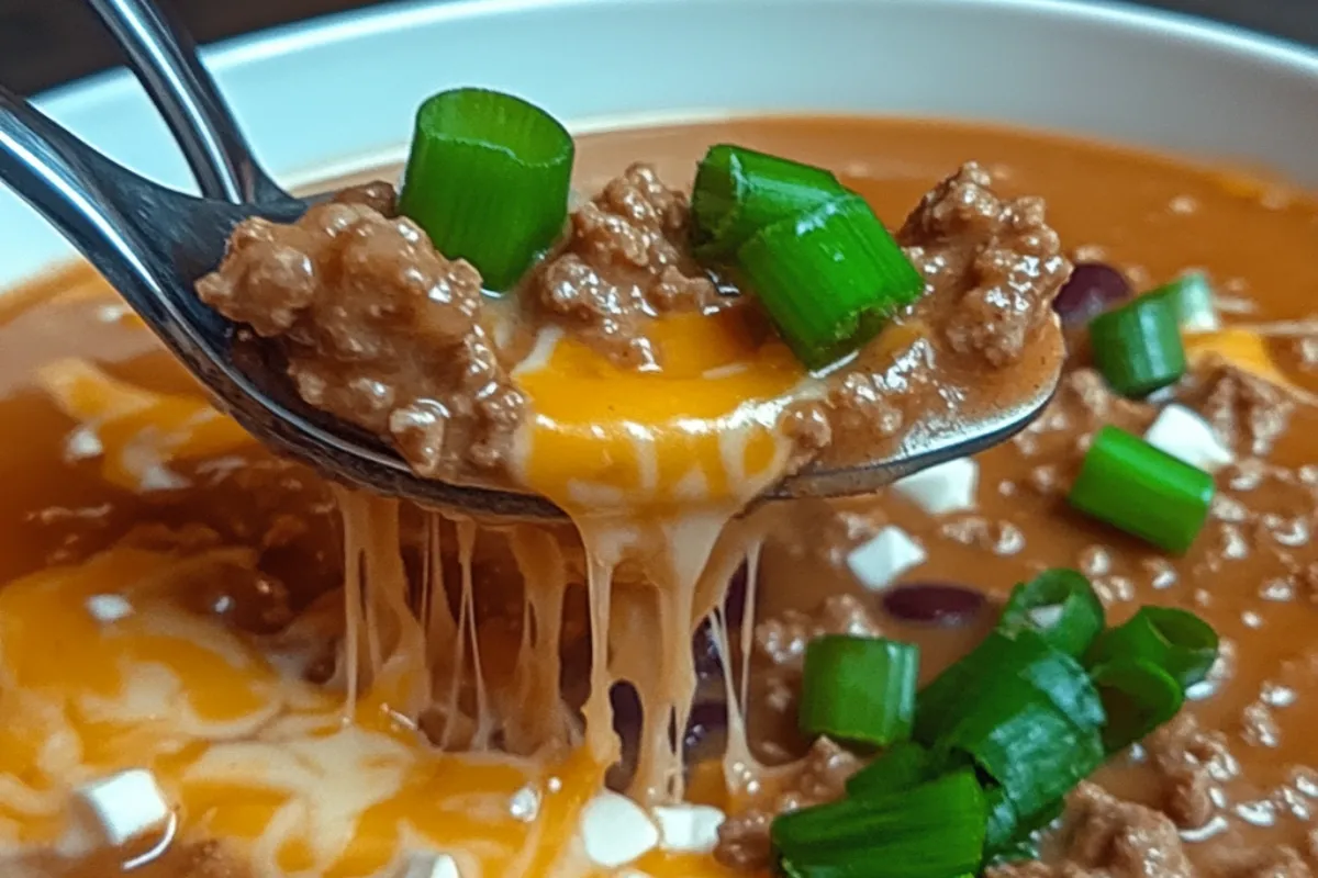 Cheesy ground beef casserole with melted cheese on top, served in a skillet with a wooden spoon.