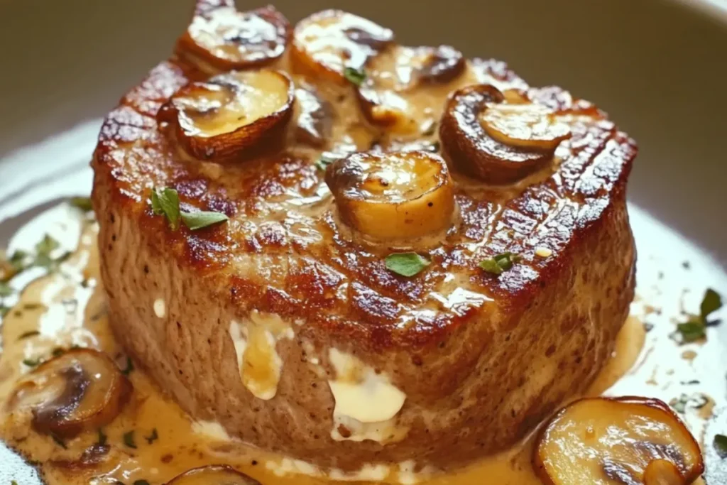 Plate of Filet Mignon au Boursin et Champignons with creamy mushroom sauce and garnished with fresh herbs.