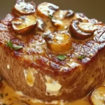 Plate of Filet Mignon au Boursin et Champignons with creamy mushroom sauce and garnished with fresh herbs.