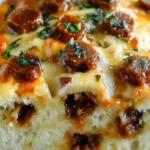 A delicious slice of Cheesy Garbage Bread Delight, stuffed with cheese, meats, and vegetables, baked to golden perfection.