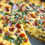 Bacon and cheese crustless quiche in a baking dish, fresh out of the oven, perfect for a low-carb breakfast.