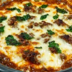 A freshly baked Philly Cheesesteak Casserole in a dish, topped with melted provolone cheese, sautéed bell peppers, and onions.