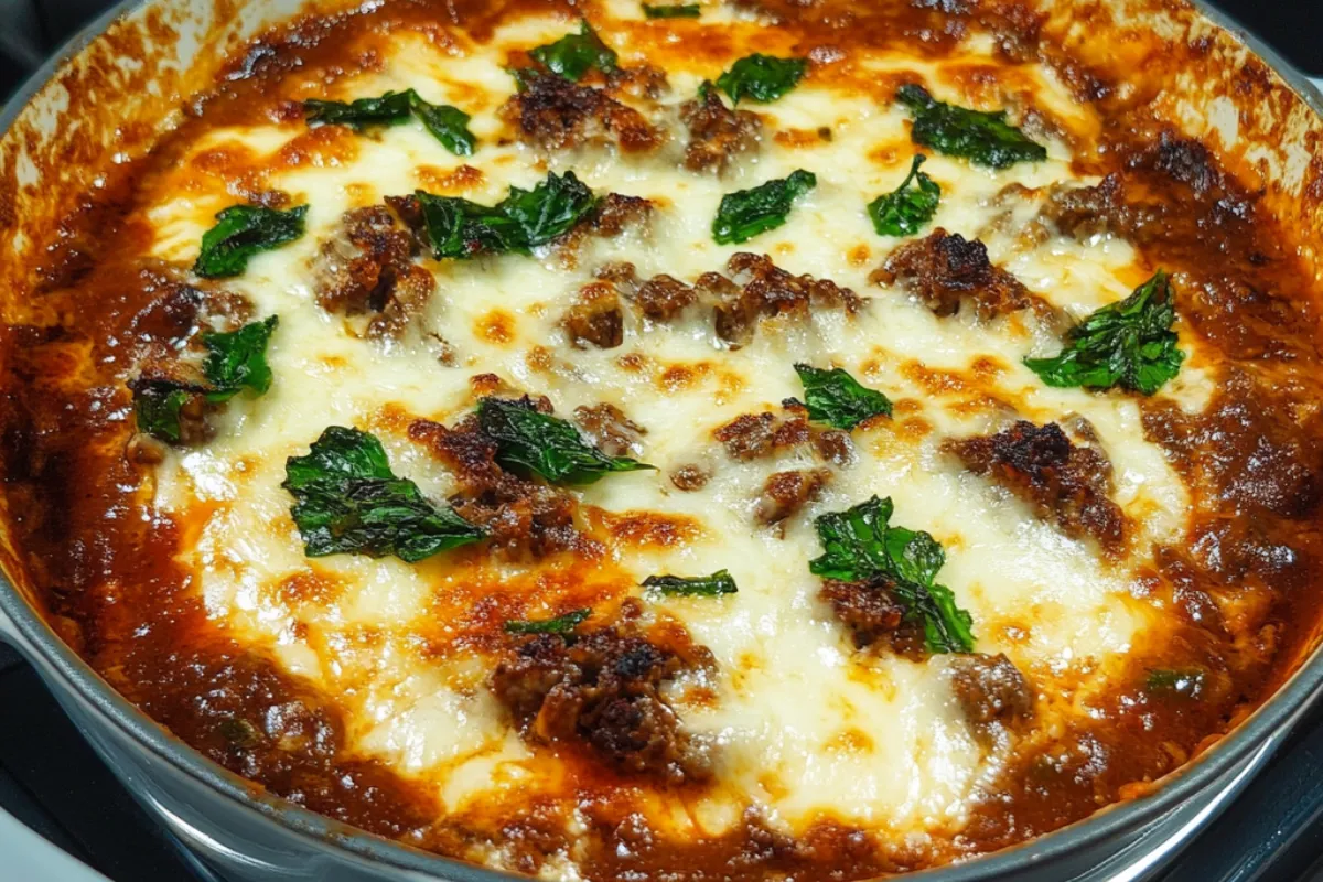 A freshly baked Philly Cheesesteak Casserole in a dish, topped with melted provolone cheese, sautéed bell peppers, and onions.