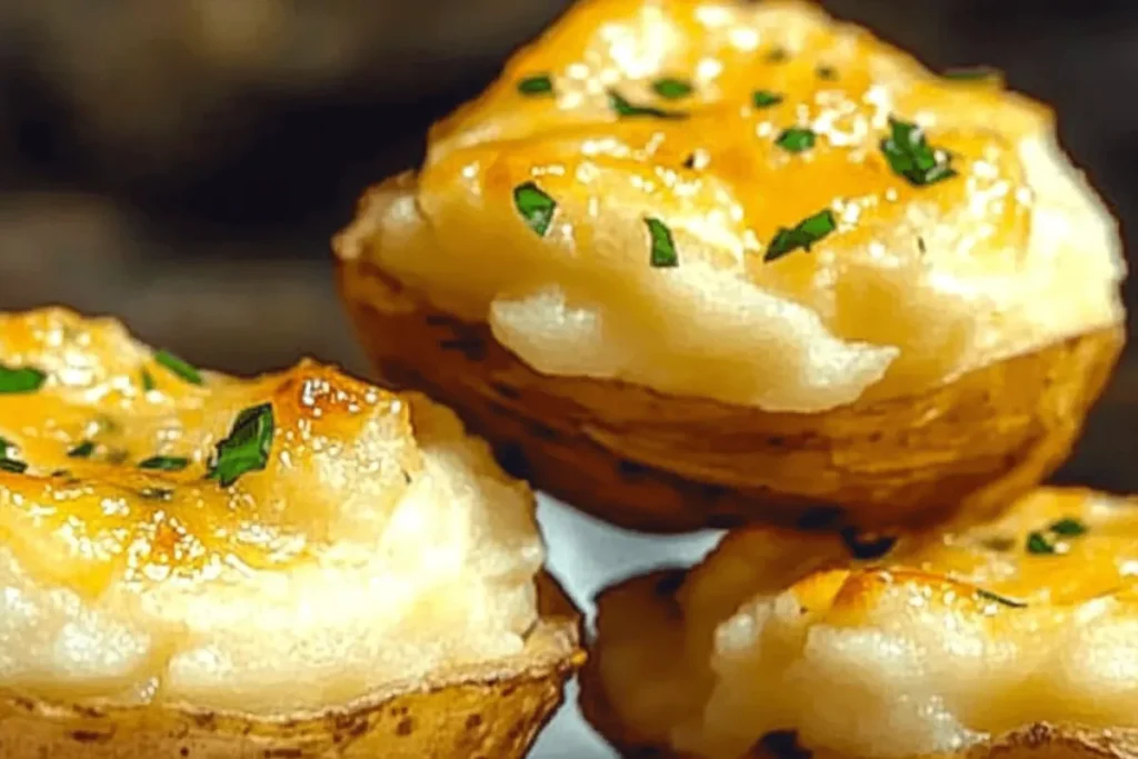 Crispy Cheesy Mashed Potato Puffs fresh out of the oven with a golden-brown exterior and creamy center.