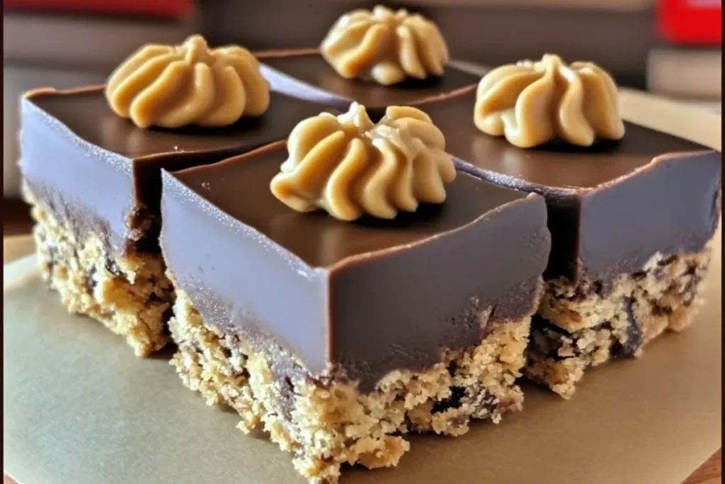 Close-up of Reese’s Peanut Butter No-Bake Bars with a smooth chocolate topping