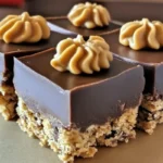 Close-up of Reese’s Peanut Butter No-Bake Bars with a smooth chocolate topping