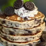 Oreo pancakes with cream cheese drizzle and whipped cream topping. Perfect for a sweet breakfast or dessert.