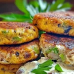 Golden brown tuna melt patties served with fresh salad and tartar sauce on a plate.