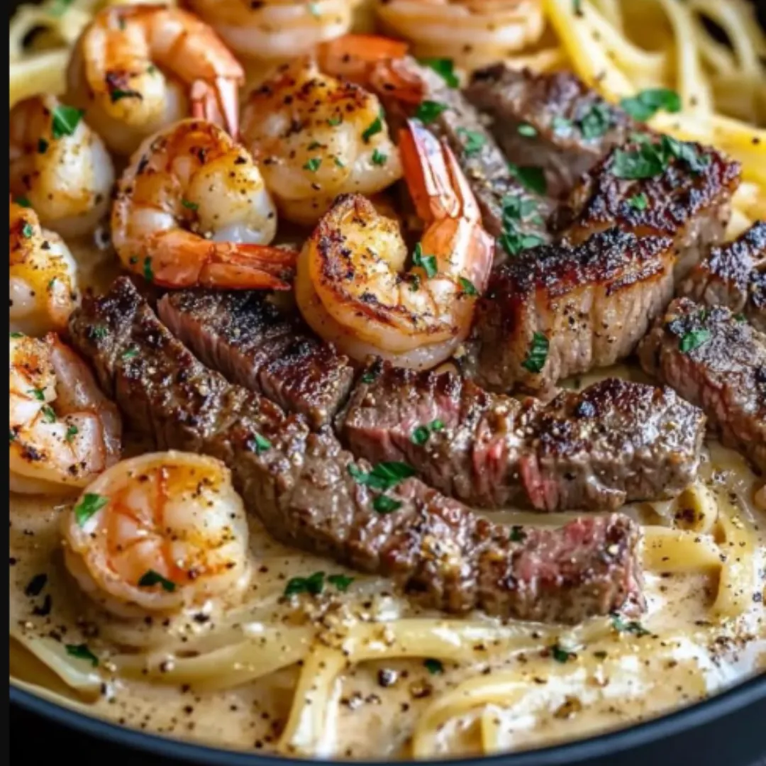 Cajun shrimp and steak Alfredo pasta with creamy sauce and fresh parsley garnish.