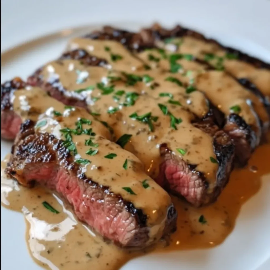 Juicy steak topped with a rich, creamy bourbon garlic sauce, garnished with fresh herbs, served on a rustic wooden plate.