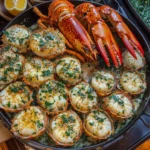 Garlic butter lobster and scallops served on a plate with fresh parsley and lemon wedges for garnish.