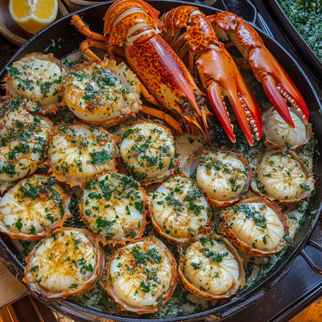 Garlic butter lobster and scallops served on a plate with fresh parsley and lemon wedges for garnish.