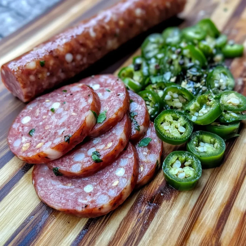 Sliced Jalapeño and Pepper Jack Summer Sausage served on a charcuterie board with crackers and cheese.