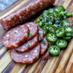 Sliced Jalapeño and Pepper Jack Summer Sausage served on a charcuterie board with crackers and cheese.