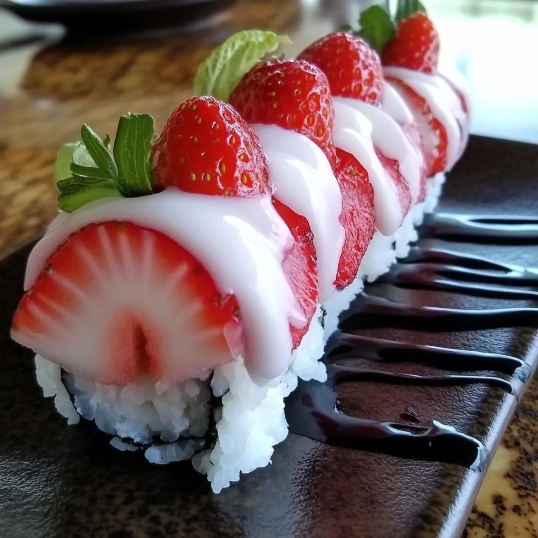 A plate of Strawberry Shortcake Sushi featuring sponge cake rolls filled with fresh strawberries and cream, garnished with syrup.