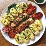 Garlic butter lobster and scallops served with fresh herbs and lemon for garnish.