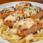 A plate of creamy garlic butter salmon pasta garnished with fresh parsley and Parmesan cheese.