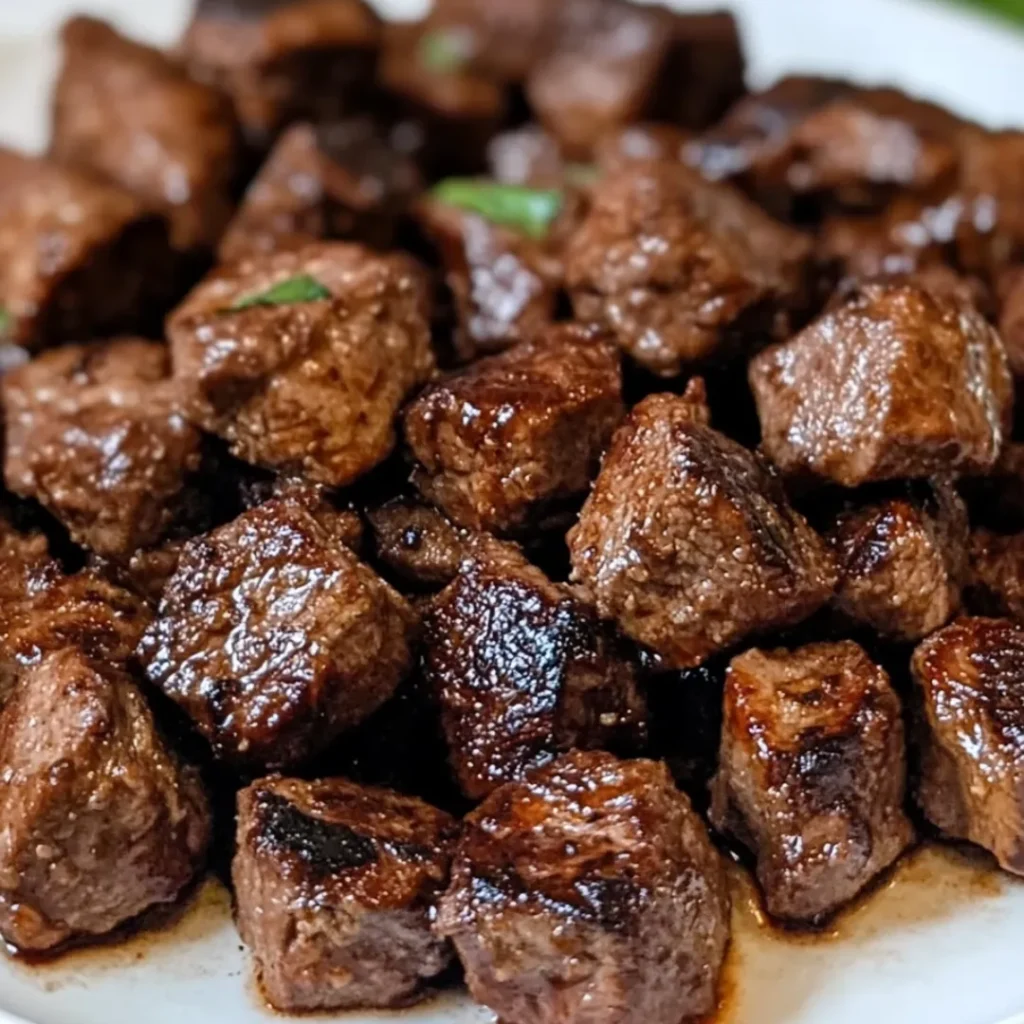Crockpot steak bites cooked with garlic, herbs, and broth, served with mashed potatoes.