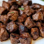 Crockpot steak bites cooked with garlic, herbs, and broth, served with mashed potatoes.