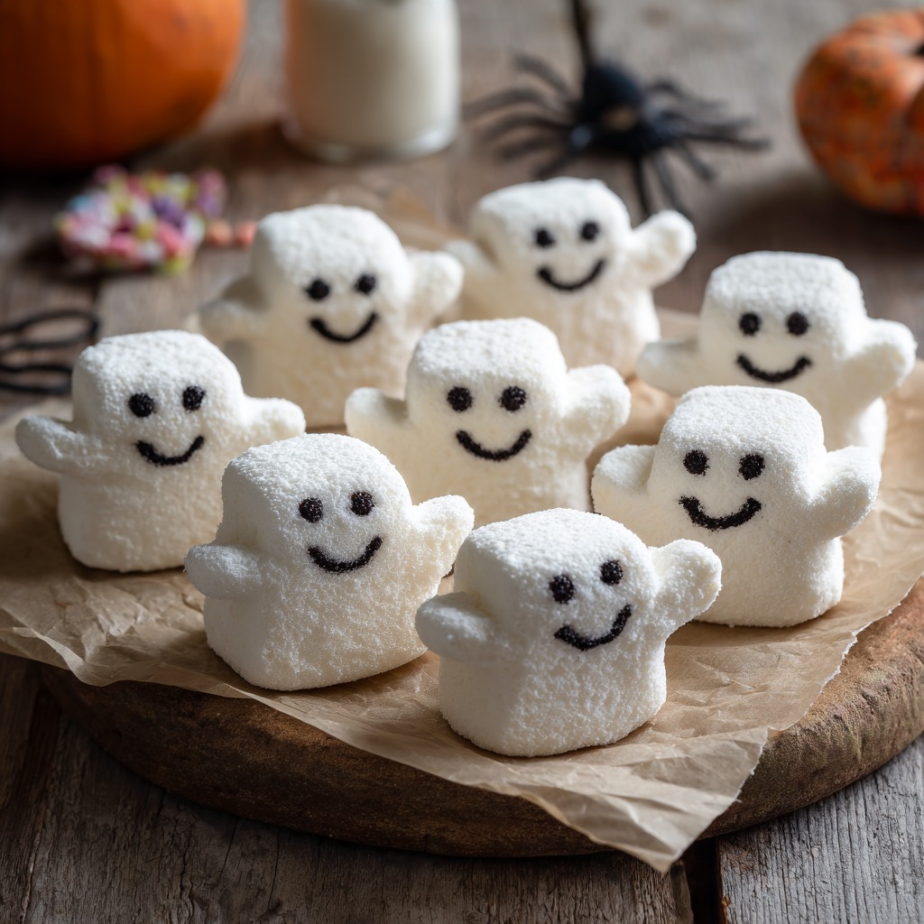 Homemade Ghostbusters Stay Puft Marshmallows decorated with cute faces and mini hats, perfect for Halloween treats