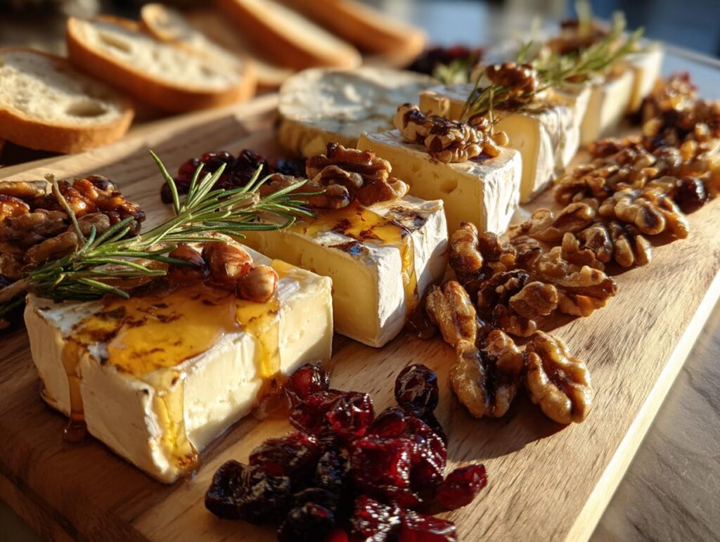 A festive holiday cheese board featuring wedges of brie drizzled with honey, topped with walnuts and rosemary, alongside dried cranberries and baguette slices.
