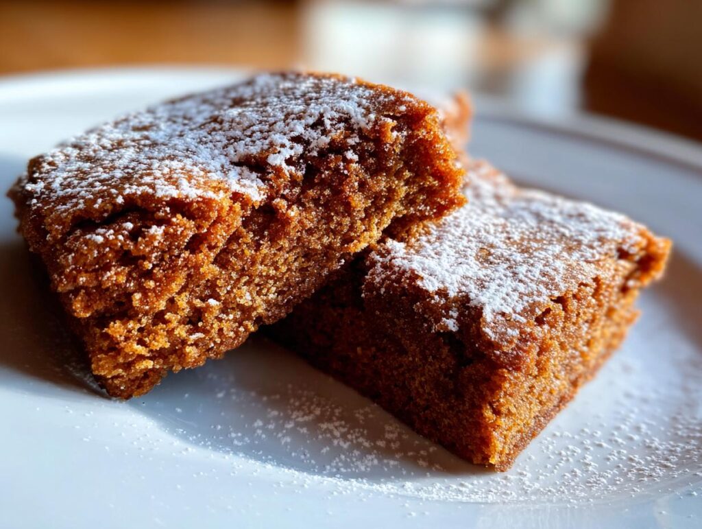 Close-up of two moist Gingerbread Cookie Bars dusted with powdered sugar on a white plate.