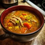 Close-up of a bowl of High-Protein Turkey & Quinoa Soup with vegetables and quinoa.