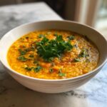 A bowl of delicious Mediterranean Lemon Lentil Soup, garnished with fresh herbs.