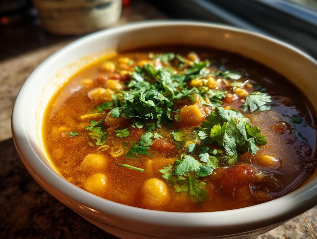 Close-up of a bowl of delicious Moroccan Chickpea Soup, garnished with fresh cilantro.
