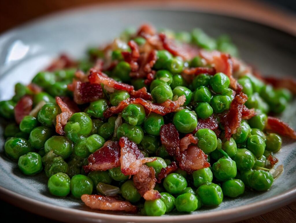 Close-up of a plate of Peas with Pancetta, a quick and easy recipe.