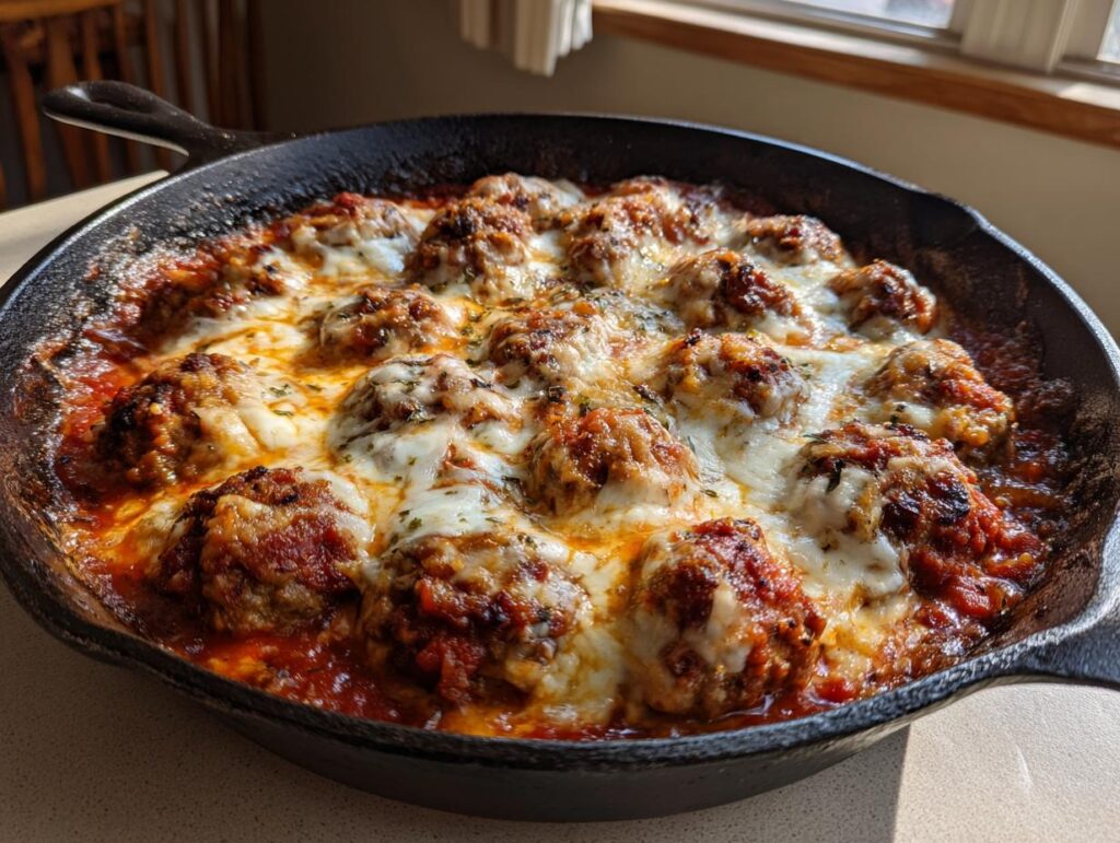 Delicious Skillet Meatball and Mozzarella Bake in a cast iron skillet, bubbling with cheese.