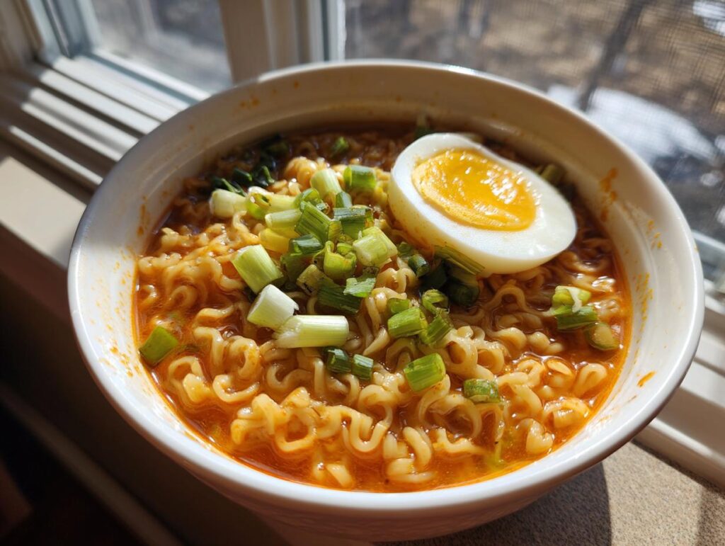 A bowl of Spicy Ramen Noodle Soup with egg and green onions.