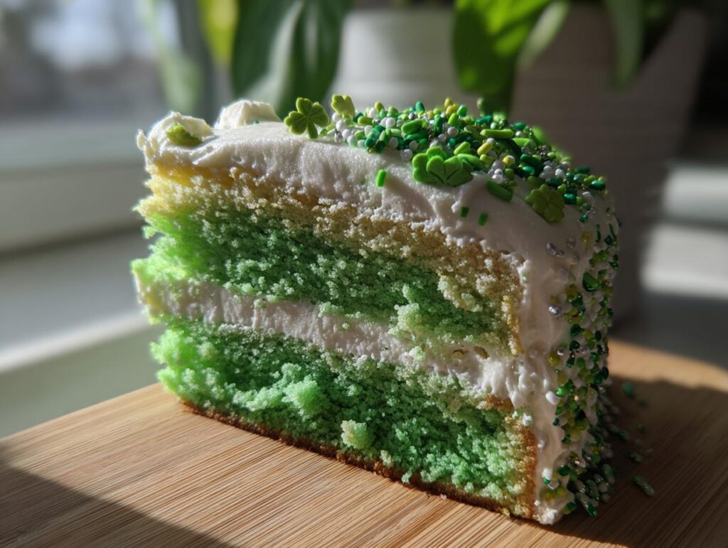 Close-up of a slice of Four-Leaf Clover Sugar Cookie Cake, layered with green and white frosting.