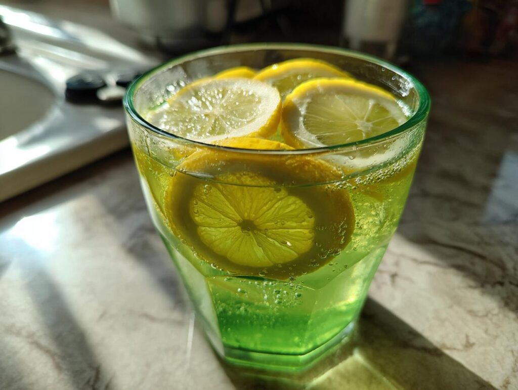A glass of Green Tea and Honey Lemonade with lemon slices.